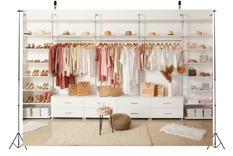 BELECO 7x5ft Fabric Modern Cloakroom Backdrop Apartment Interior Women's Dressing Room White Wardrobe Closet Clothing Background Video Conference Photoshoot Studio Booth Props - Image 3