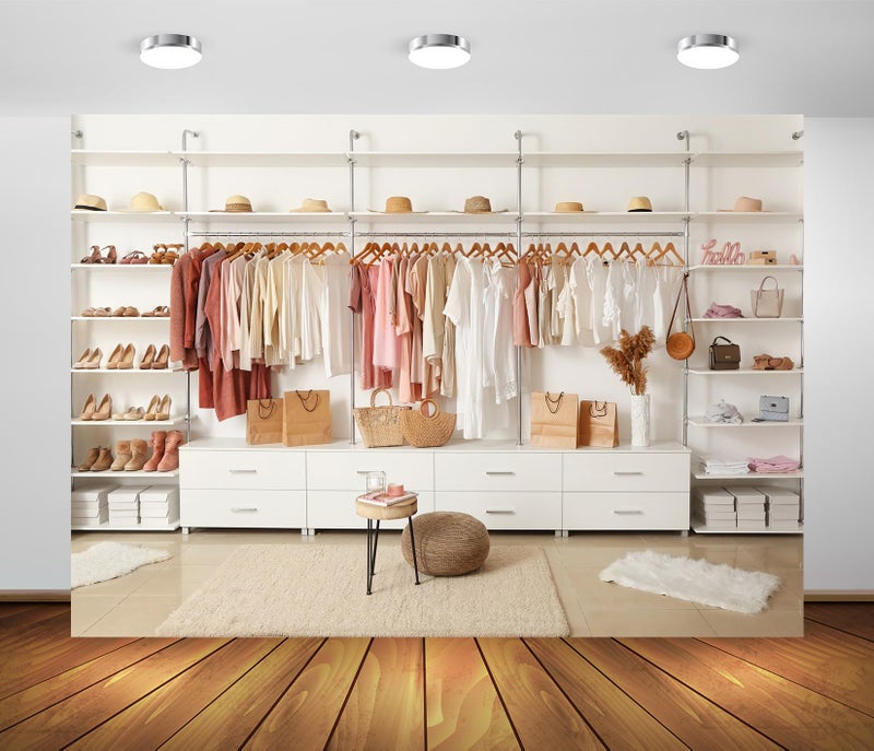 BELECO 7x5ft Fabric Modern Cloakroom Backdrop Apartment Interior Women's Dressing Room White Wardrobe Closet Clothing Background Video Conference Photoshoot Studio Booth Props - Image 1