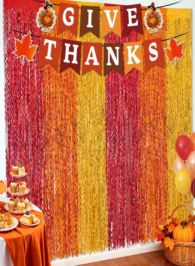 REDWORD Thanksgiving Decorations, 2Pack Thanksgiving Foil Fringe Backdrop Curtains with GIVE THANKS Banner for Thanks Giving Fall Party Decoration Wall Decor Photo Booth Props Fall Streamers, 3.3 x 6.6ft - Image 1