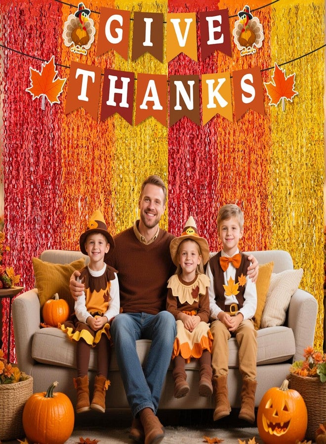 REDWORD Thanksgiving Decorations, 2Pack Thanksgiving Foil Fringe Backdrop Curtains with GIVE THANKS Banner for Thanks Giving Fall Party Decoration Wall Decor Photo Booth Props Fall Streamers, 3.3 x 6.6ft - Image 5