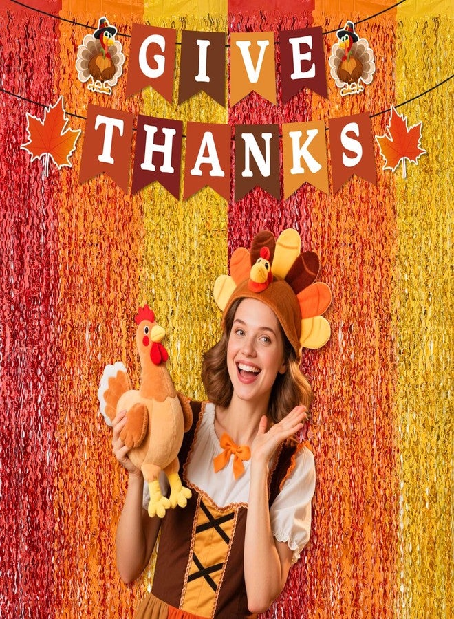 REDWORD Thanksgiving Decorations, 2Pack Thanksgiving Foil Fringe Backdrop Curtains with GIVE THANKS Banner for Thanks Giving Fall Party Decoration Wall Decor Photo Booth Props Fall Streamers, 3.3 x 6.6ft - Image 4