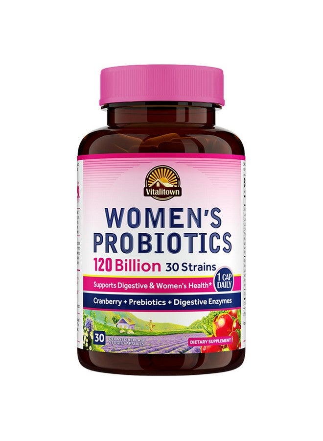 Vitalitown Vitalitown Probiotics for Women 120 Billion CFUs, 30 Strains, with Prebiotics & Digestive Enzymes & Cranberry, Gut & Vaginal Health, Vegan 30 Delayed Release Caps  - Image 1