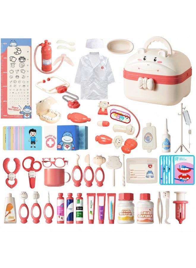 XiuWoo 58 pcs Kids Cute Hippo Medical Playset, Dentist Role Players with Clothes, Toddler Doctor Playset, Conquer The Doctor's Fear for 3-8 Kids Dentist Playset Pink - Image 1
