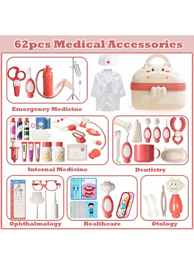 XiuWoo 58 pcs Kids Cute Hippo Medical Playset, Dentist Role Players with Clothes, Toddler Doctor Playset, Conquer The Doctor's Fear for 3-8 Kids Dentist Playset Pink - Image 2