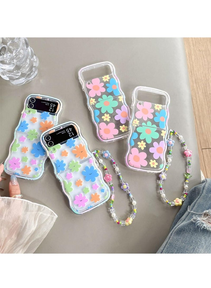 SYOSI Compatible with Samsung Galaxy Z Flip 5 5G Case, Pink Flower Print with Beads Strap, Woman Cute Case for Galaxy Z Flip 5 Soft Silicone, Pink Flower - Image 3