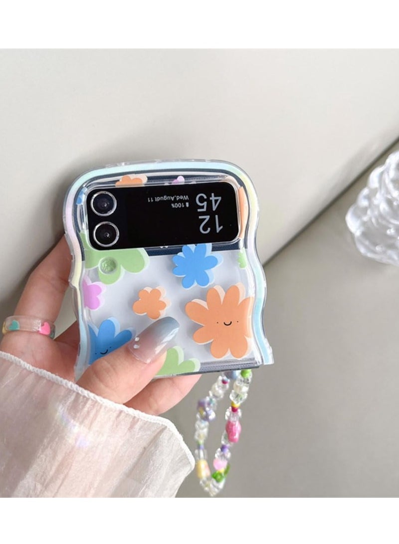 SYOSI Compatible with Samsung Galaxy Z Flip 5 5G Case, Pink Flower Print with Beads Strap, Woman Cute Case for Galaxy Z Flip 5 Soft Silicone, Pink Flower - Image 2