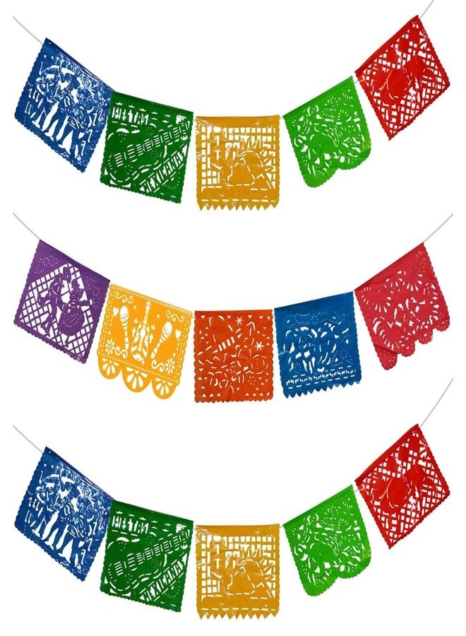 CHAMPS Mexican Banner - Multi-Colored Large Plastic Papel Picado Banner - Easy to Install 15FT Fiesta Party Decorations - Premium Assorted Panel with Beautiful Cocina Mexicana Patterns (3 Pack) - Image 1