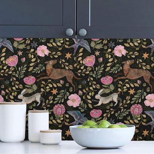 MuralPeel Vintage Pink Flowers Animals Rabbits Leaf Bird Dark Black Peel and Stick Wallpaper Self Adhesive Removable Easy Peel Off Contact Paper Stick on Wall Paper for Bedroom Cabinet Renter Friendly - Image 3