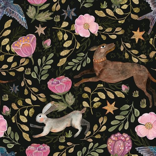 MuralPeel Vintage Pink Flowers Animals Rabbits Leaf Bird Dark Black Peel and Stick Wallpaper Self Adhesive Removable Easy Peel Off Contact Paper Stick on Wall Paper for Bedroom Cabinet Renter Friendly - Image 1