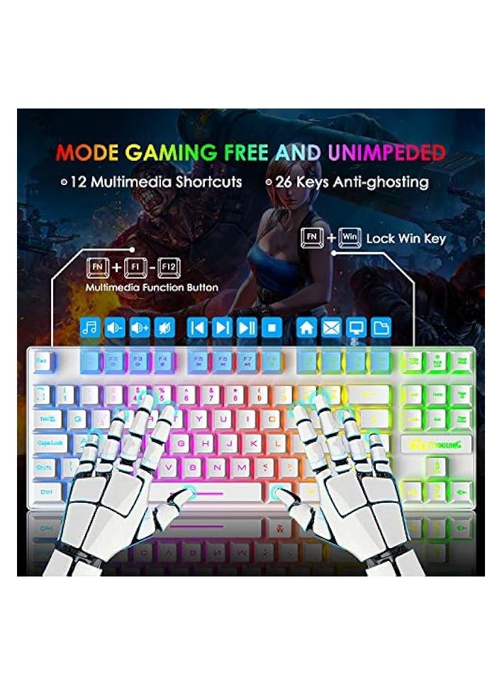 بروماس مجموعة لوحة مفاتيح وماوس للألعاب، 88 مفتاحًا لوحة مفاتيح ذات ملمس ميكانيكي بإضاءة خلفية قوس قزح، ماوس ألعاب خفيف الوزن بإضاءة خلفية RGB 6400 نقطة في البوصة مع غطاء على شكل قرص العسل لألعاب الكمبيوتر الشخصي التي تعمل بنظام Windows (أبيض) - Image 3