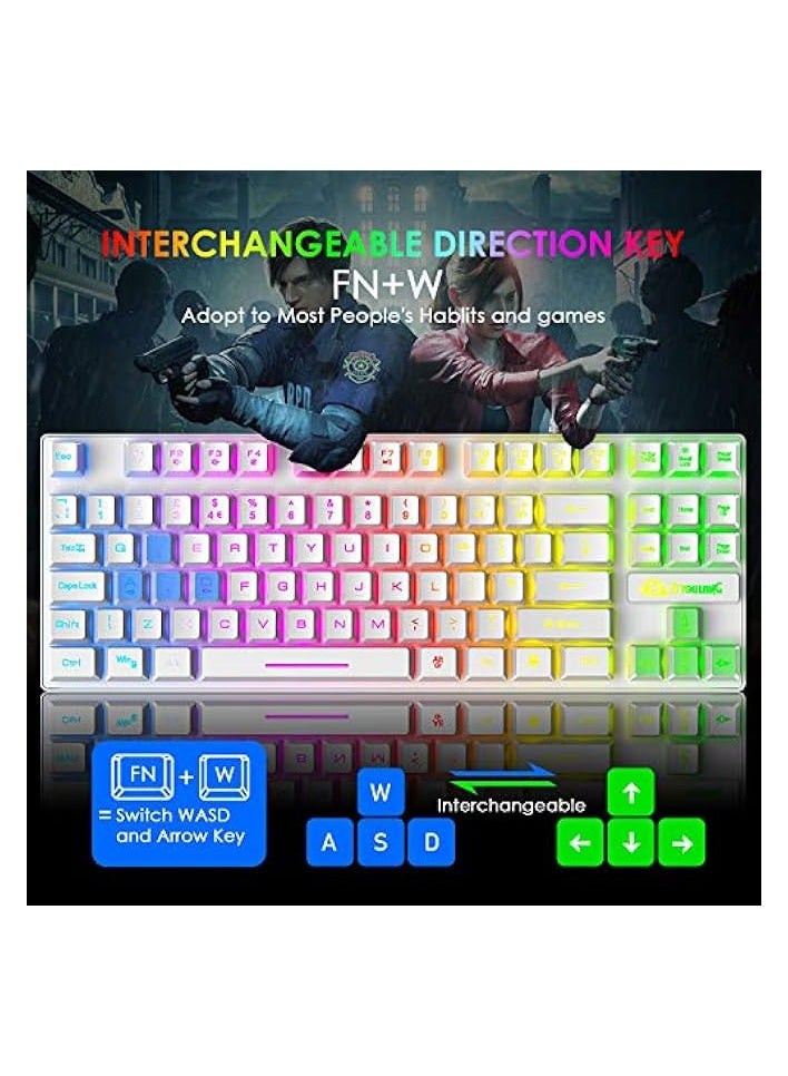 بروماس مجموعة لوحة مفاتيح وماوس للألعاب، 88 مفتاحًا لوحة مفاتيح ذات ملمس ميكانيكي بإضاءة خلفية قوس قزح، ماوس ألعاب خفيف الوزن بإضاءة خلفية RGB 6400 نقطة في البوصة مع غطاء على شكل قرص العسل لألعاب الكمبيوتر الشخصي التي تعمل بنظام Windows (أبيض) - Image 4