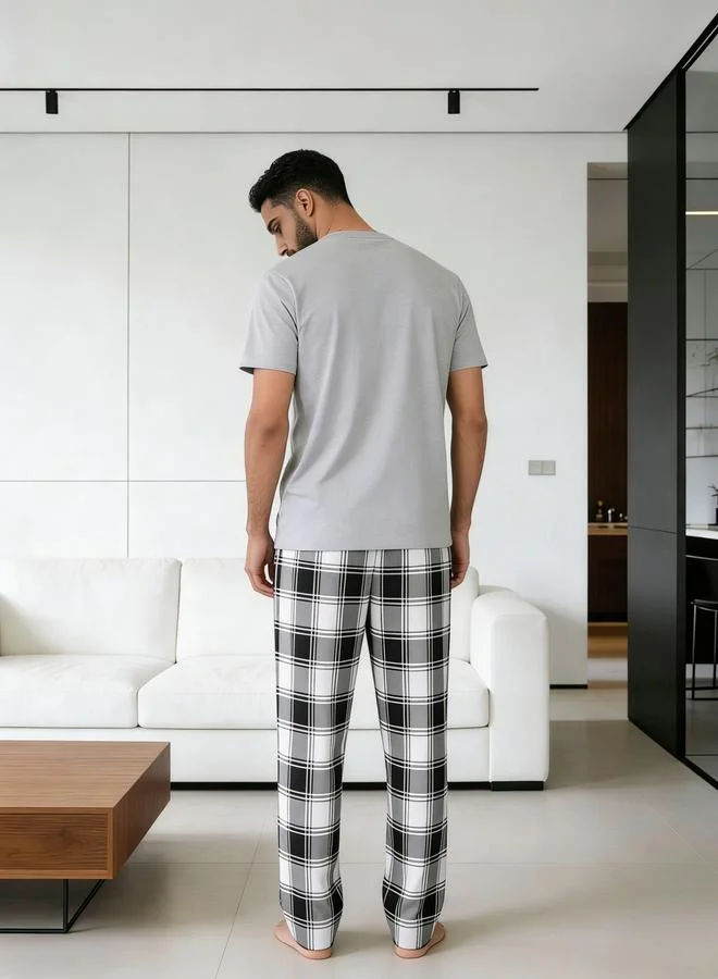 Take Two Grey Men Printed Round Neck T-Shirt and Checked Pants Set for Men | Best Price UAE