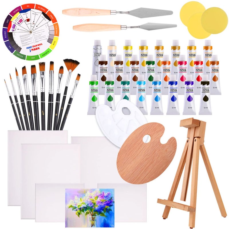 J MARK 48pc Deluxe Painting Kits for Adults  Includes Adjustable Wood Easel Thick Canvases Acrylic Paints Brushes SetWooden and Plastic Palettes 2 Painting Knives 3 Sponges Color Mixing Wheel