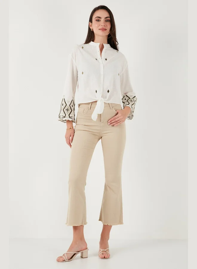 ليلا قميص نسائي بياقة قاضي وخصر مربوط مطرز بالقطن من ليلا