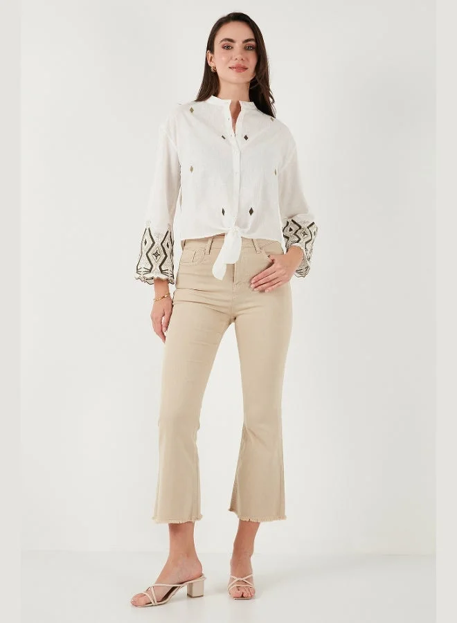 ليلا قميص نسائي بياقة قاضي وخصر مربوط مطرز بالقطن من ليلا