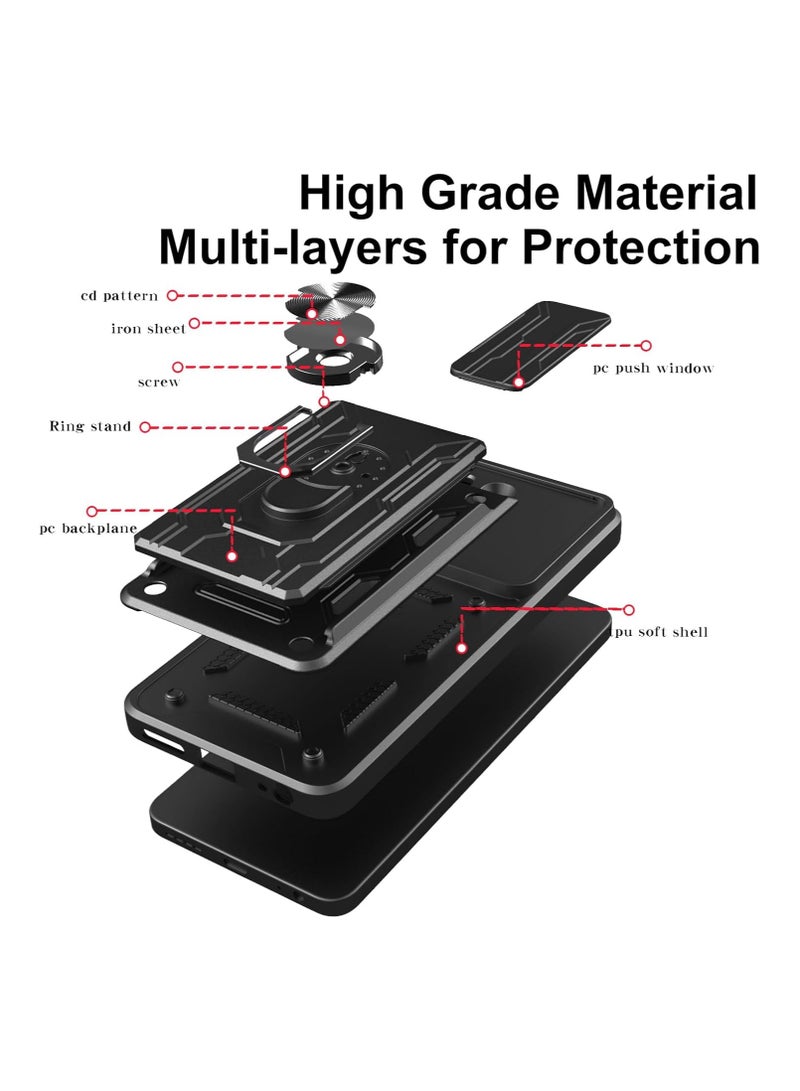 Protective case for Oppo Reno 14F 5G, with 2 pieces of tempered glass, built-in stand, sliding camera cover, removable card holder, scratch-resistant, shock-resistant, sturdy bumper cover. - Image 3