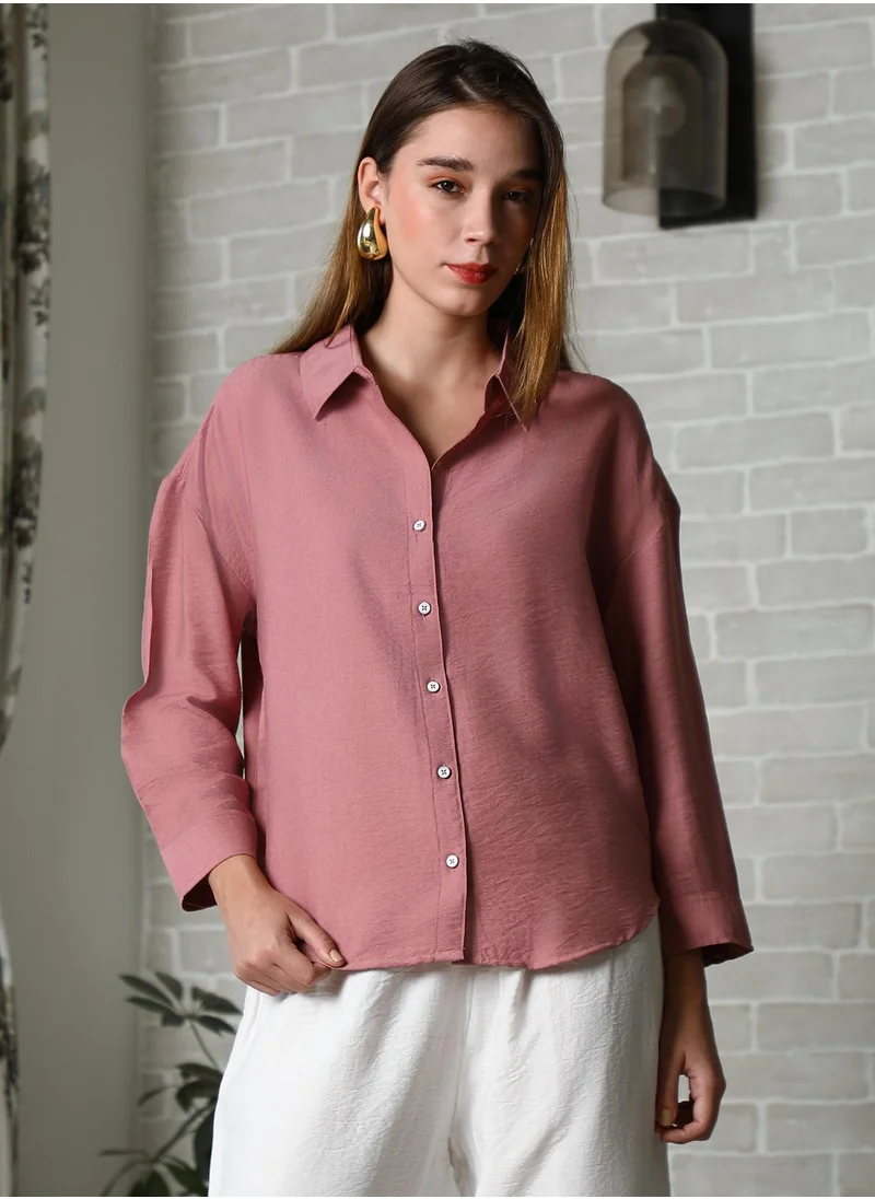 PINACOLADA Pinacolada Women's Salmon Pink Breezy Wrinked Relaxed Shirt For Casual Wear | Spread Collar | Long Cuffed Sleeves | Button Closure | Oversized Shirt Designed With Comfortable Fit For Woman & Girls