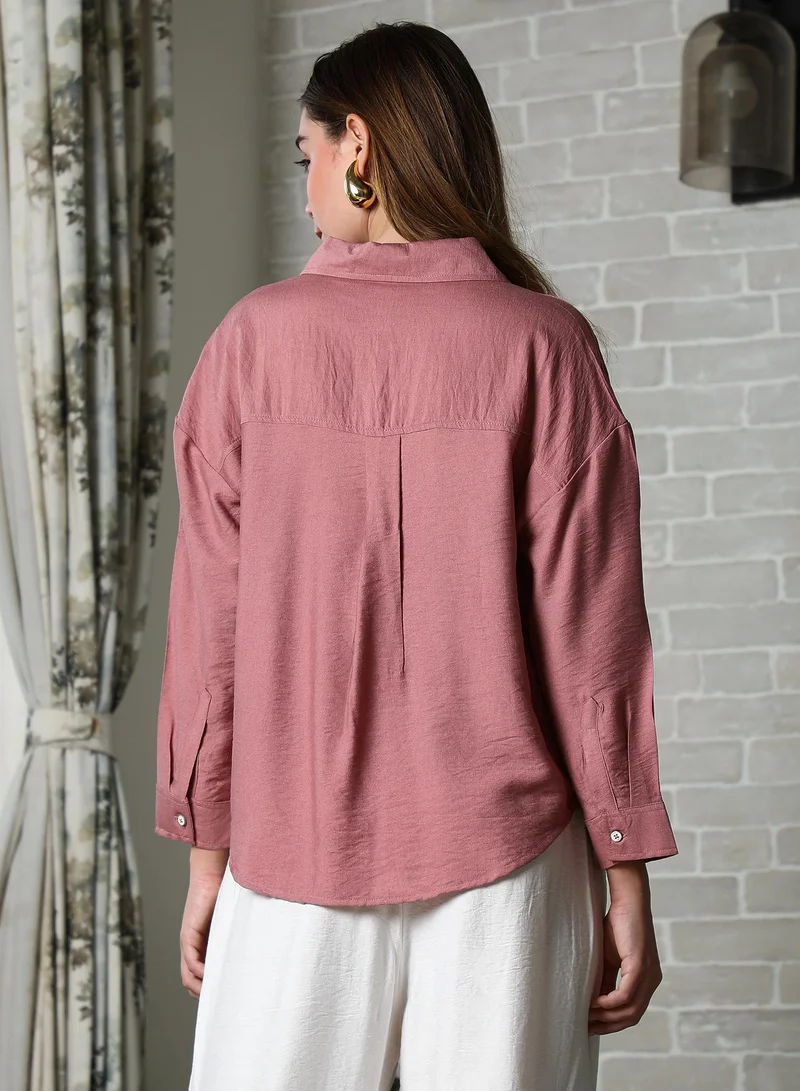 PINACOLADA Pinacolada Women's Salmon Pink Breezy Wrinked Relaxed Shirt For Casual Wear | Spread Collar | Long Cuffed Sleeves | Button Closure | Oversized Shirt Designed With Comfortable Fit For Woman & Girls