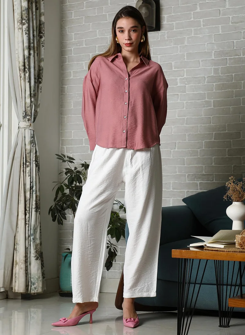 PINACOLADA Pinacolada Women's Salmon Pink Breezy Wrinked Relaxed Shirt For Casual Wear | Spread Collar | Long Cuffed Sleeves | Button Closure | Oversized Shirt Designed With Comfortable Fit For Woman & Girls
