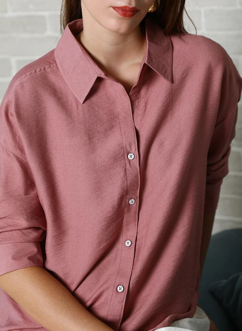 PINACOLADA Pinacolada Women's Salmon Pink Breezy Wrinked Relaxed Shirt For Casual Wear | Spread Collar | Long Cuffed Sleeves | Button Closure | Oversized Shirt Designed With Comfortable Fit For Woman & Girls