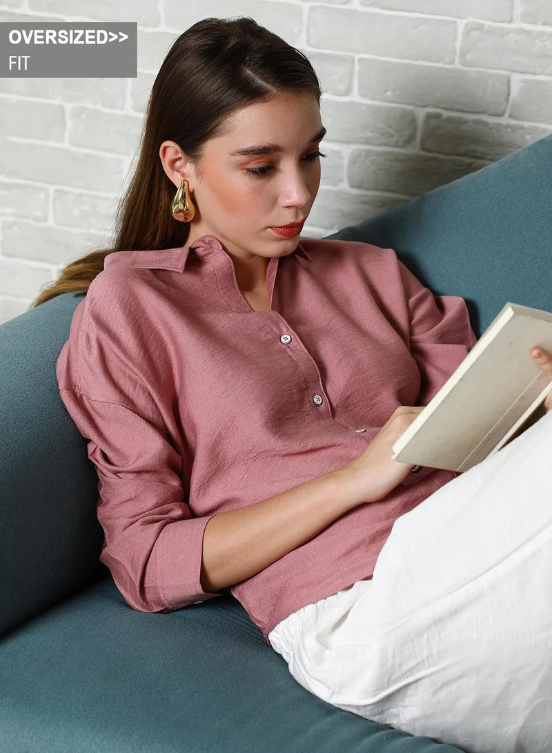 PINACOLADA Pinacolada Women's Salmon Pink Breezy Wrinked Relaxed Shirt For Casual Wear | Spread Collar | Long Cuffed Sleeves | Button Closure | Oversized Shirt Designed With Comfortable Fit For Woman & Girls