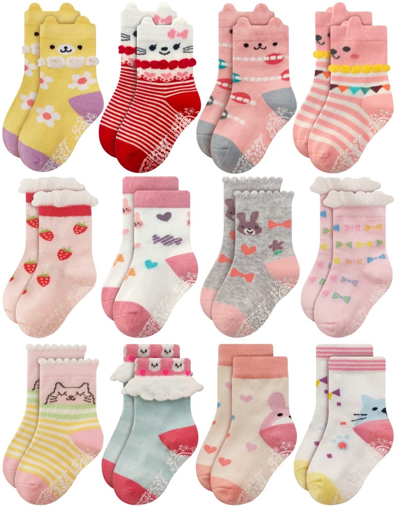 RATIVE Non Skid Anti Slip Cotton Dress Crew Socks With Grips For Baby Infant Toddler Kids Girls 35T 12pairsRG820726