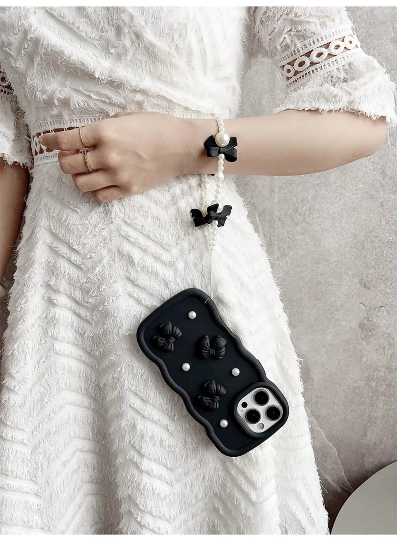 Shein Newest 2025 Big Wave Macaron Phone Case with Black Bowknot and White Beads with Wrist Strap Shockproof Protection Compatible with iPhone 15 Pro Max  - Image 2