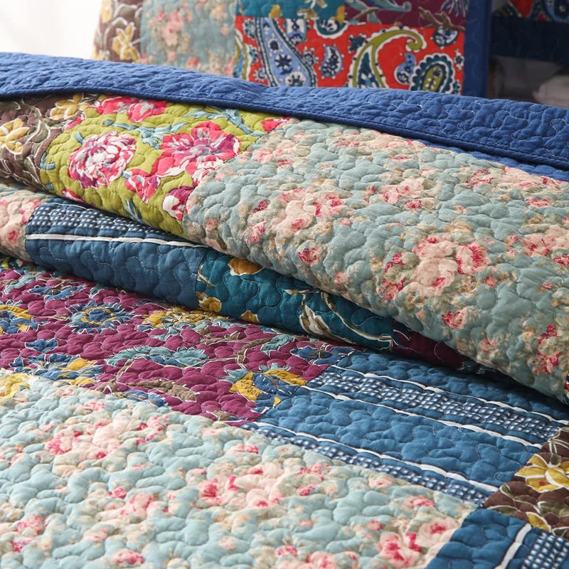 VISIMISI Cotton Bedspread Quilt Sets Reversible Bedding Coverlet Sets 3 Pieces Patchwork Blue Vintage Floral Paisley Bedspread, King Size - Image 3