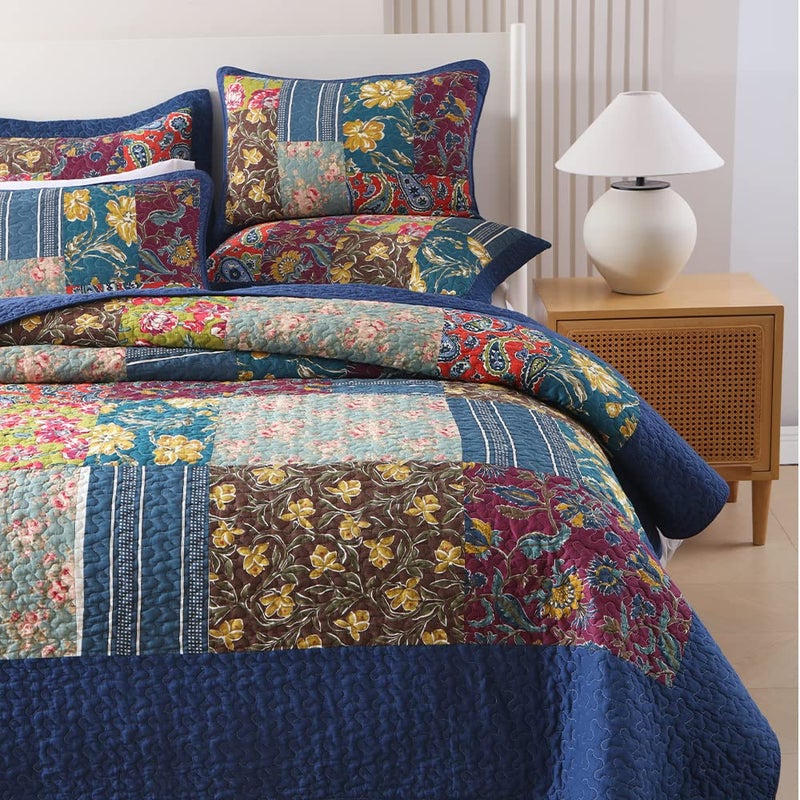 VISIMISI Cotton Bedspread Quilt Sets Reversible Bedding Coverlet Sets 3 Pieces Patchwork Blue Vintage Floral Paisley Bedspread, King Size - Image 2
