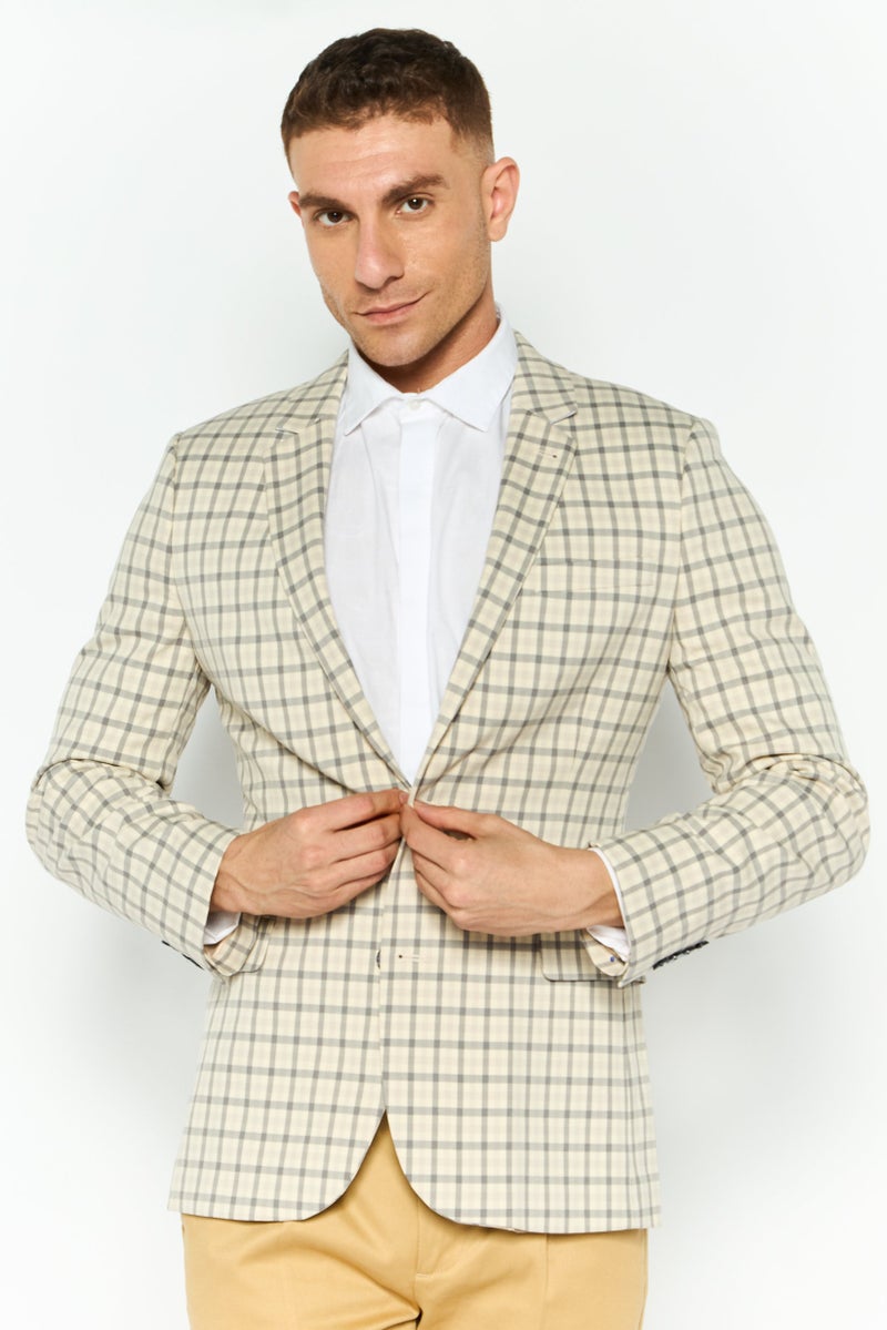 Asos Design Men Regular Fit Plaid Semi-Formal Suit Jacket, Beige - Image 1