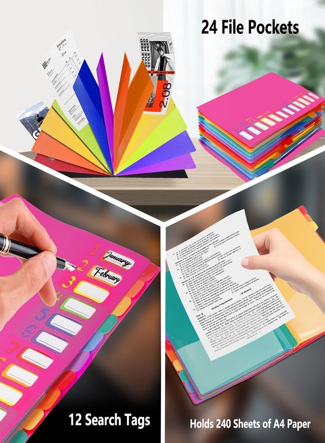 Mafegu 24 Pockets Expandable Folder,File Manager,Letter Size,Holds 240 Sheets,Plastic Rainbow Lined,Colorful Folders,Designed for Home,Office,School Test Papers Contract Organizer (Rose Pink) - Image 3