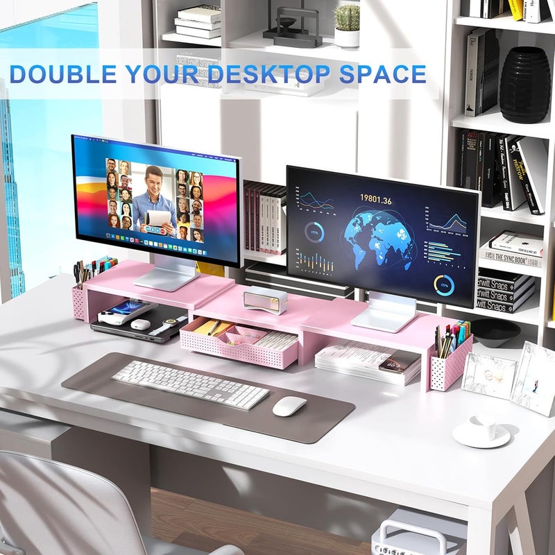 gianotter Dual Monitor Stand Riser, Desk Organizer with Drawer and 2 Pen Holders, Modern Professional Style, Monitor Stand for Desk, Office Decor Essentials (Pink) - Image 5