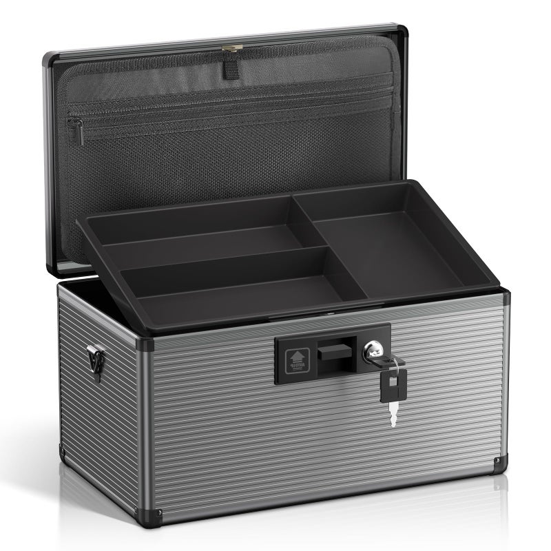 Lockbako Medicine Lock Box with Key, Alluminum Alloy Box for Medication,First Aid Box with a Removeable Tray to Store Medicines & Pills for Home, Black, 14 * 8.46 * 7.48 Inch - Image 1
