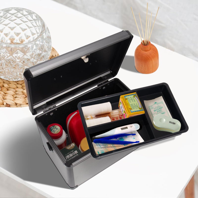 Lockbako Medicine Lock Box with Key, Alluminum Alloy Box for Medication,First Aid Box with a Removeable Tray to Store Medicines & Pills for Home, Black, 14 * 8.46 * 7.48 Inch - Image 3