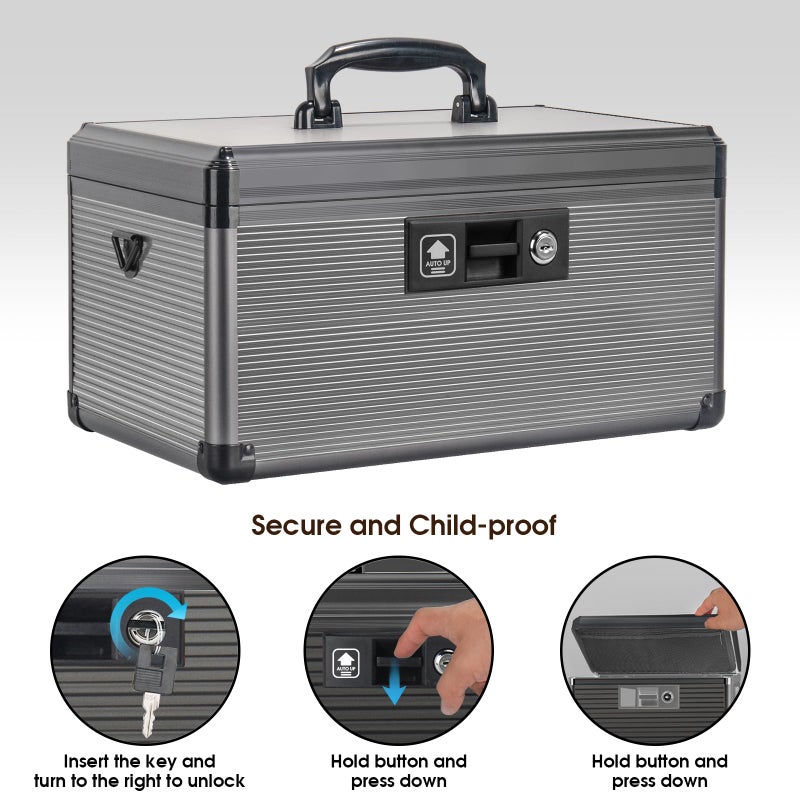 Lockbako Medicine Lock Box with Key, Alluminum Alloy Box for Medication,First Aid Box with a Removeable Tray to Store Medicines & Pills for Home, Black, 14 * 8.46 * 7.48 Inch - Image 4