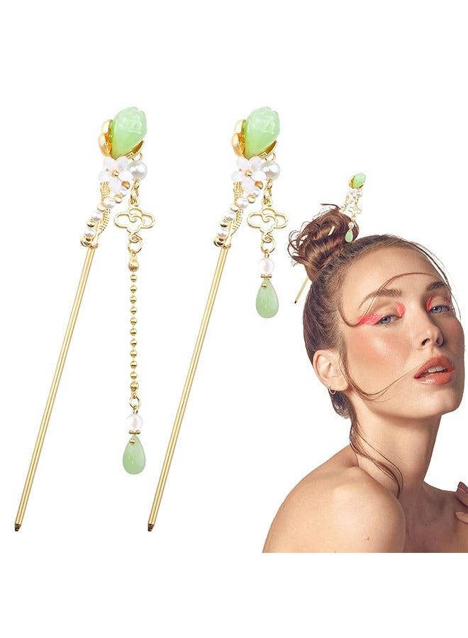 2 حزمة الصينية التقليدية الزهور الشعر، اليشم شرابة خمر دبوس الشعر، الصينية هانفو التلفزيون النمط الكلاسيكي اكسسوارات الشعر للفتيات ماكياج السفر - Image 1