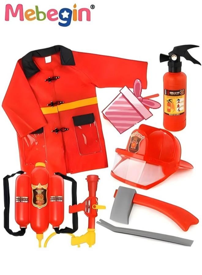 ميبيجين 7 قطع طقم أزياء لعب أدوار لطفل إطفائي مع ملحقات تشمل سترة وخوذة وفأس بلاستيكي ومطفأة حريق وألعاب أزياء لعب أدوار إطفائي - Image 1