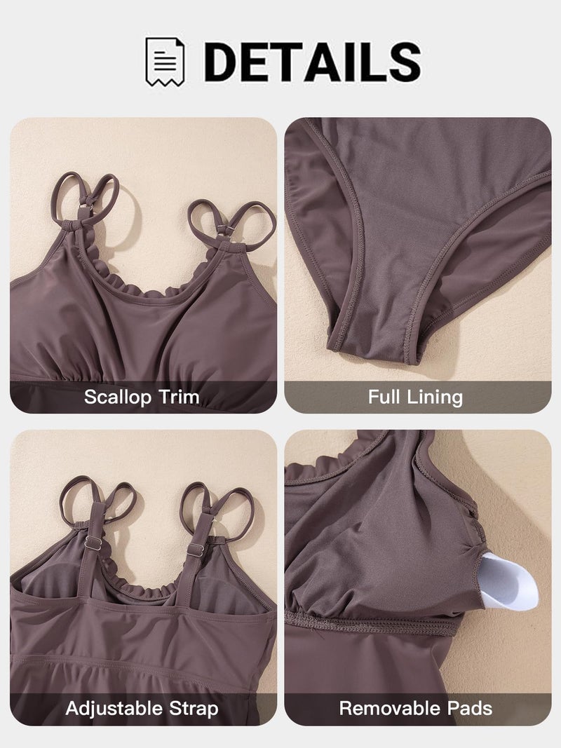 Aleumdr Tankini Swimsuits for Women Two Piece Tummy Control Bathing Suit Scallop Trim V Neck Tankini Top with Bottom Dark Brown Medium - Image 5