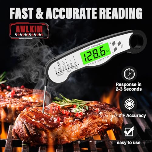 AWLKIM Fast Instant Read Meat Thermometer with Backlight - Waterproof Digital Food Probe for Grilling, Cooking, Baking & Candy Making - Kitchen & BBQ Essential(Black) - Image 2