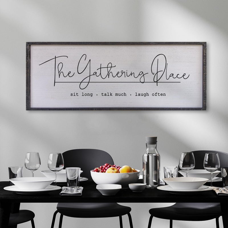 Surfapans The Gathering Place Wall Decor Sign 32"x12" Large Family Dining Room Vintage Wooden Framed Country Farmhouse Simple And Rustic Hanging For Kitchen Home Wall Art Decoration (Black) - Image 4