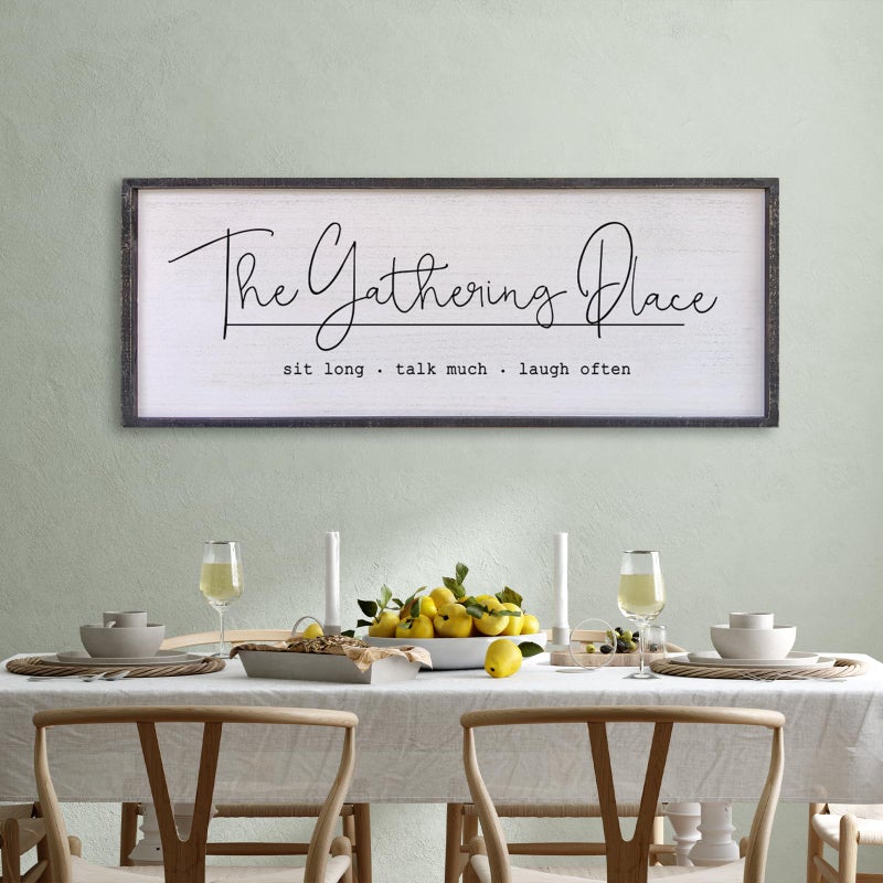 Surfapans The Gathering Place Wall Decor Sign 32"x12" Large Family Dining Room Vintage Wooden Framed Country Farmhouse Simple And Rustic Hanging For Kitchen Home Wall Art Decoration (Black) - Image 1