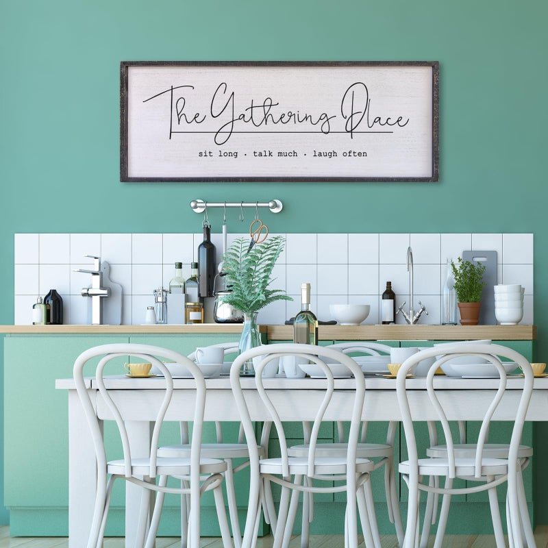 Surfapans The Gathering Place Wall Decor Sign 32"x12" Large Family Dining Room Vintage Wooden Framed Country Farmhouse Simple And Rustic Hanging For Kitchen Home Wall Art Decoration (Black) - Image 3