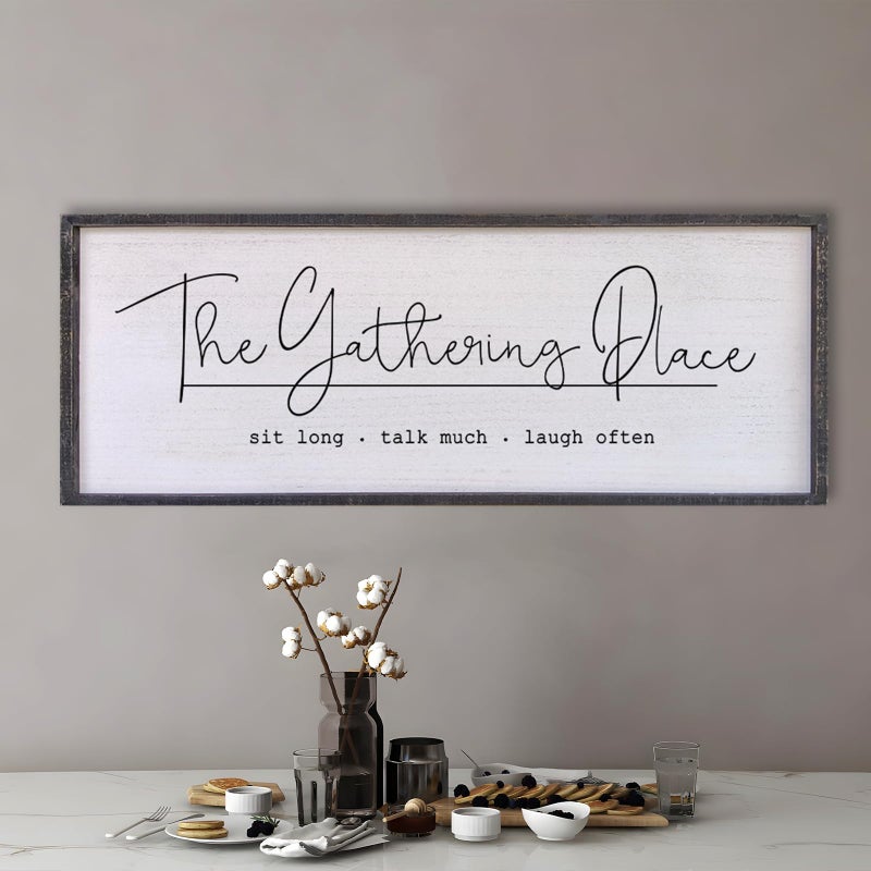 Surfapans The Gathering Place Wall Decor Sign 32"x12" Large Family Dining Room Vintage Wooden Framed Country Farmhouse Simple And Rustic Hanging For Kitchen Home Wall Art Decoration (Black) - Image 5
