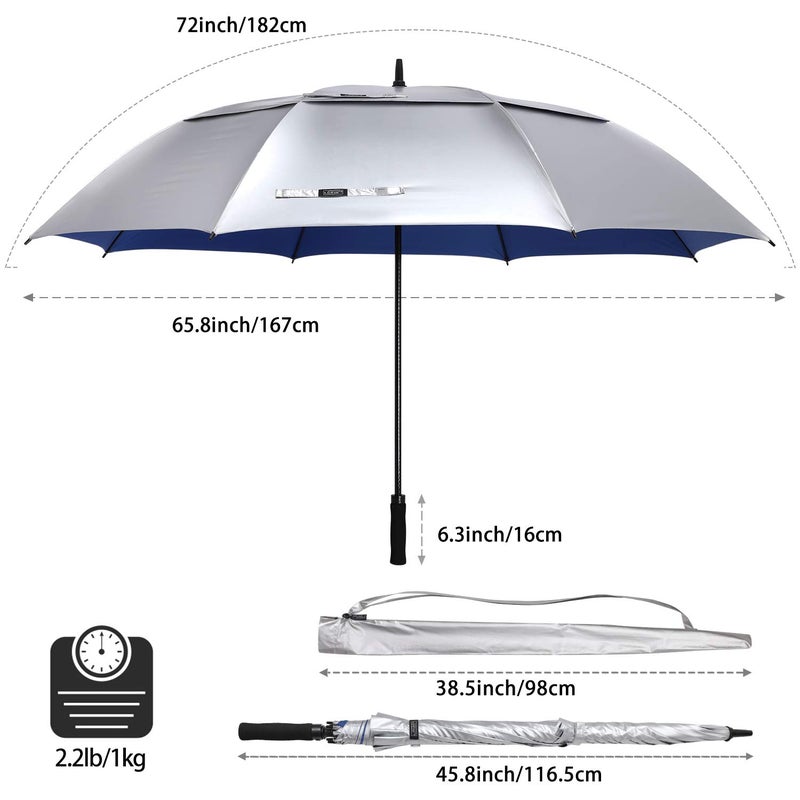 G4Free 72 Inch Huge Golf Umbrella UV Protection Auto Open Windproof Umbrella Oversized Extra Large Vented Double Canopy for Family (Silver/Blue) - Image 3