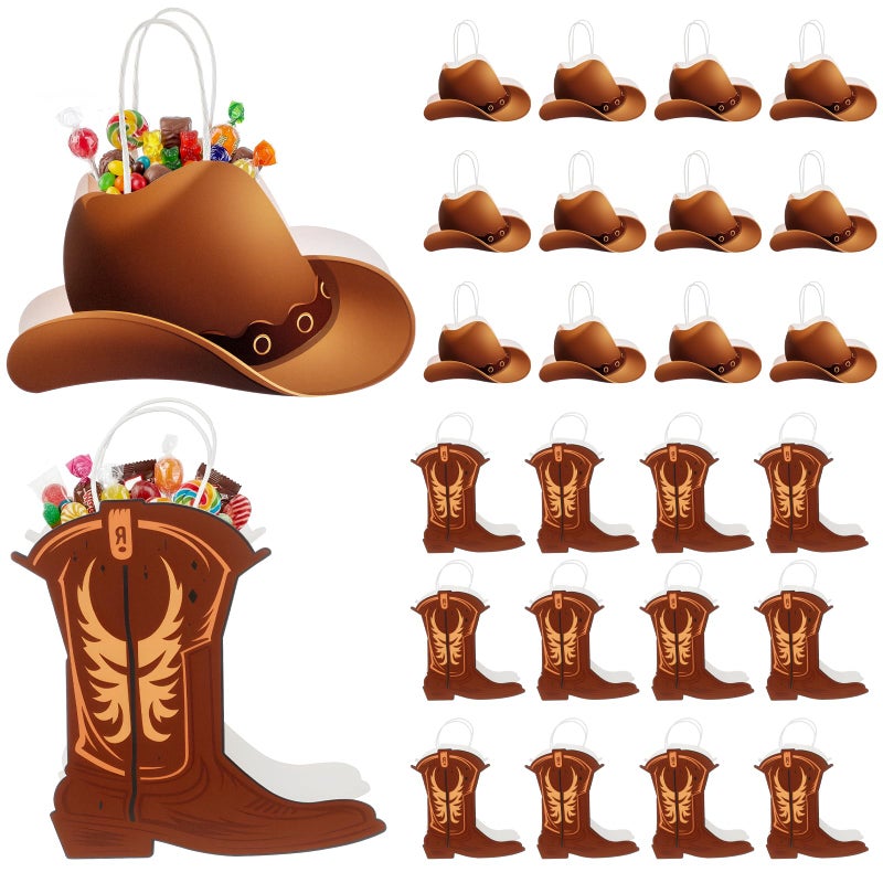 Kolldenn 24 Pcs Cowboy Paper Bags Horse Party Bag Western Theme Gift Bag with Handles Rodeo Cowboy Wild West Party Decoration for Birthday Bachelorette Baby Shower(Boots and Hats) - Image 1