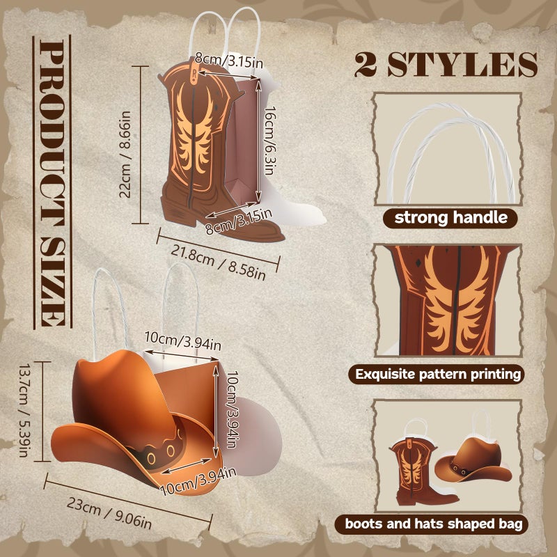 Kolldenn 24 Pcs Cowboy Paper Bags Horse Party Bag Western Theme Gift Bag with Handles Rodeo Cowboy Wild West Party Decoration for Birthday Bachelorette Baby Shower(Boots and Hats) - Image 2