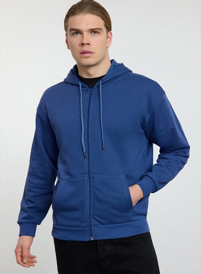 trendyol Indigo Oversize/Wide Cut Hooded Zipper Thick Basic Without Raise Sweatshirt-Cardigan - Image 2