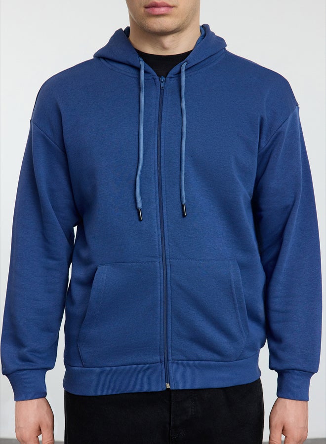 trendyol Indigo Oversize/Wide Cut Hooded Zipper Thick Basic Without Raise Sweatshirt-Cardigan - Image 3