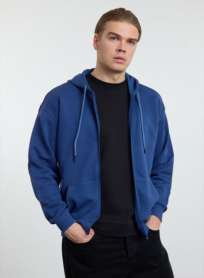 trendyol Indigo Oversize/Wide Cut Hooded Zipper Thick Basic Without Raise Sweatshirt-Cardigan - Image 1