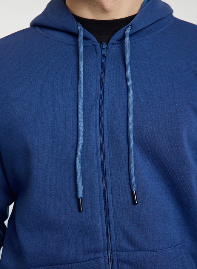 trendyol Indigo Oversize/Wide Cut Hooded Zipper Thick Basic Without Raise Sweatshirt-Cardigan - Image 4
